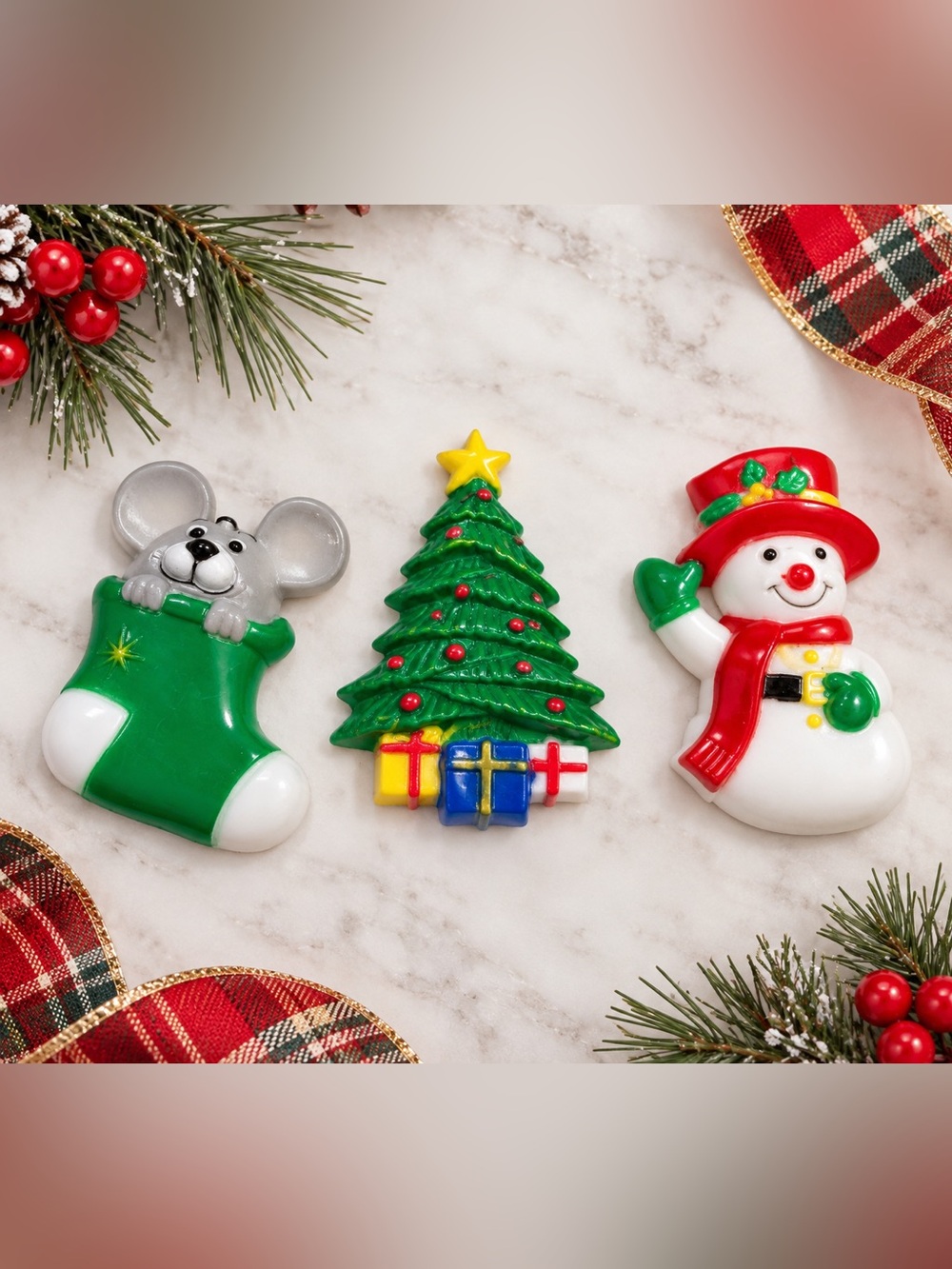 Vintage J.S.N.Y. Christmas Refrigerator Magnets Mouse Tree Snowman Set of 3